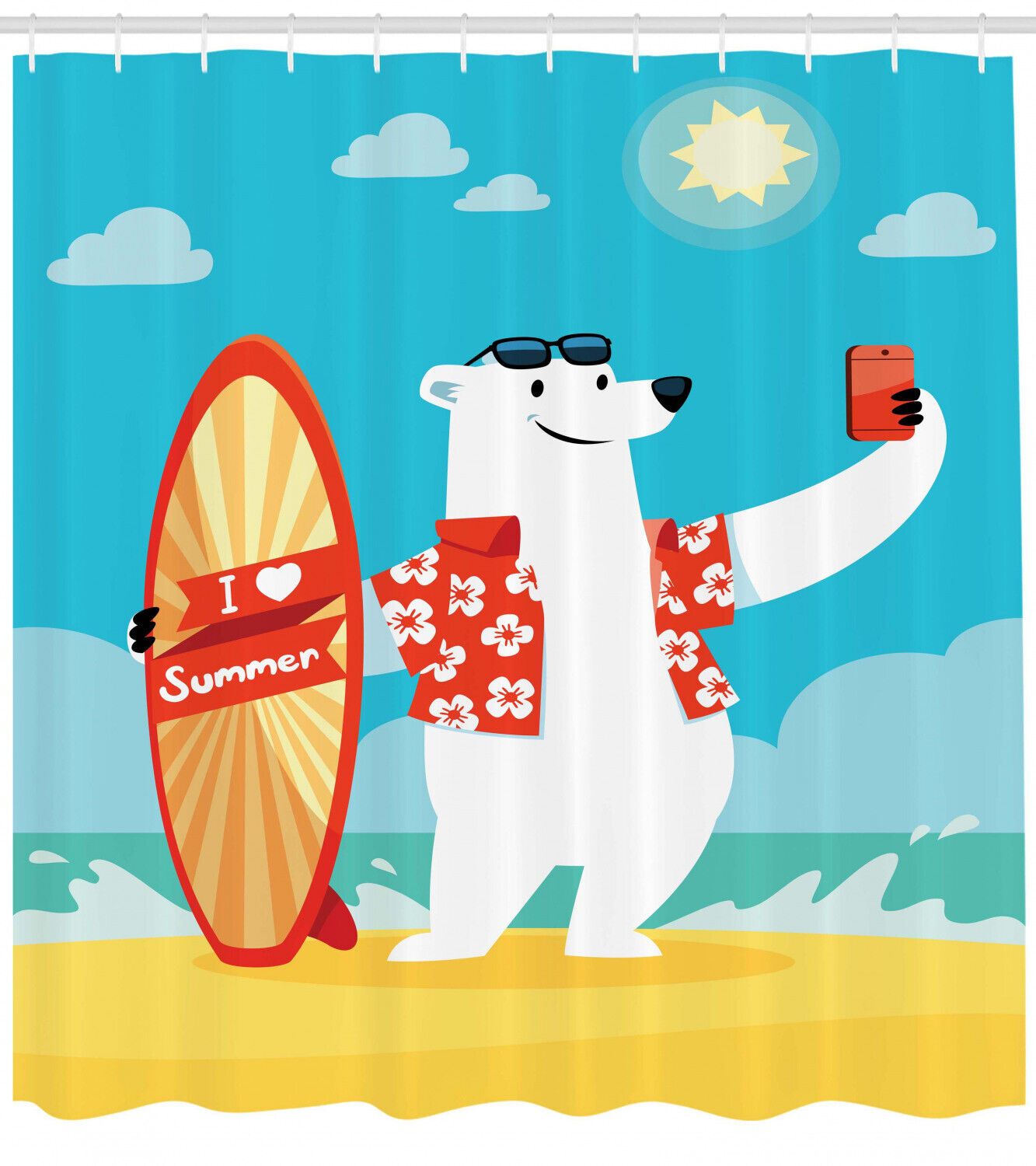 Polar Bear Selfie Surf Printed Shower Curtain for Kid's Bathroom Decor- Waterproof and Novelty