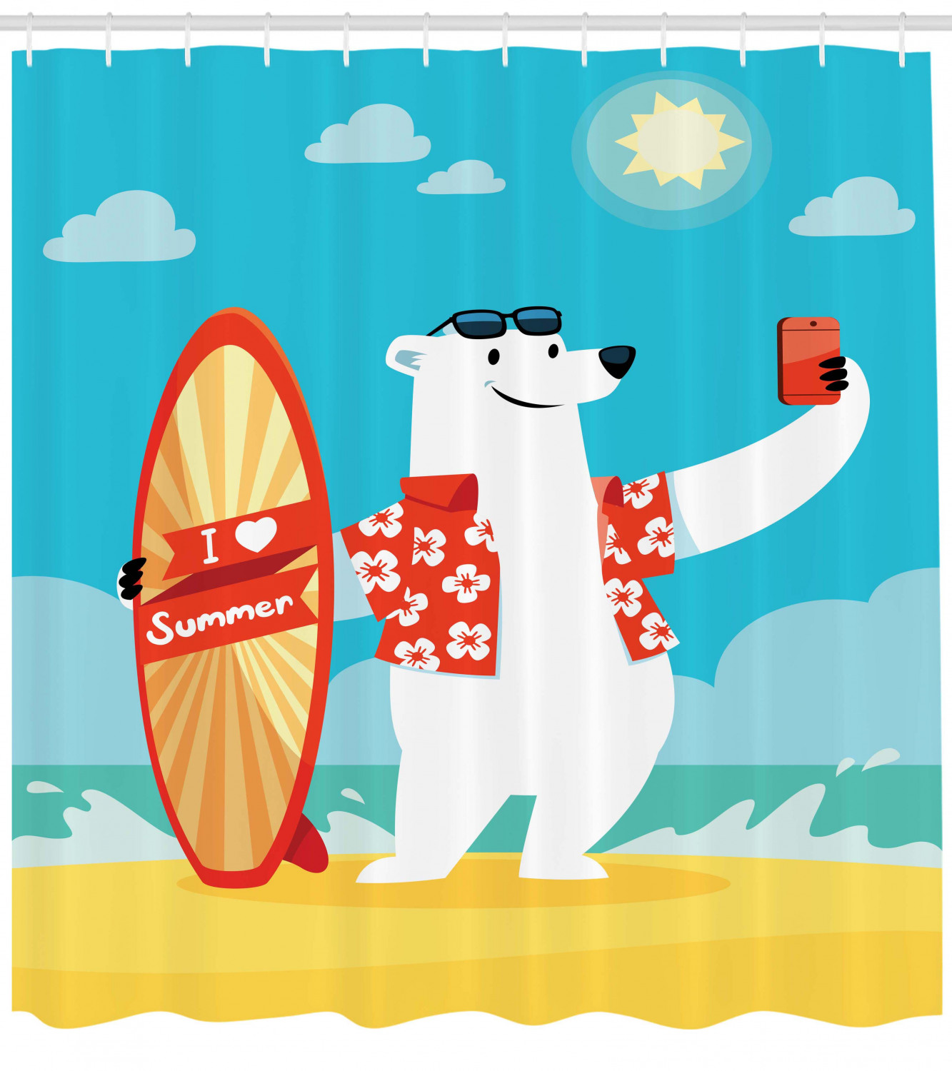 Polar Bear Selfie Surf Printed Shower Curtain for Kid's Bathroom Decor- Waterproof and Novelty