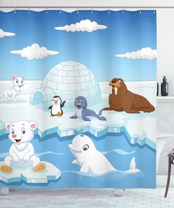 Polar Bears, Seals, Penguins White Shower Curtain, Cute and Fun Print for Arctic Lovers