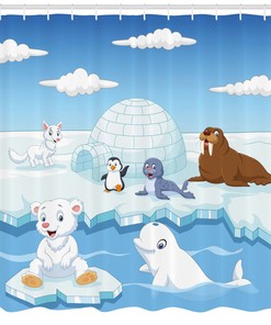 Polar Bears, Seals, Penguins White Shower Curtain, Cute and Fun Print for Arctic Lovers