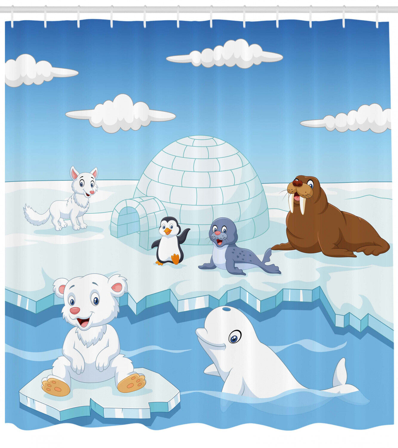 Polar Bears, Seals, Penguins White Shower Curtain, Cute and Fun Print for Arctic Lovers