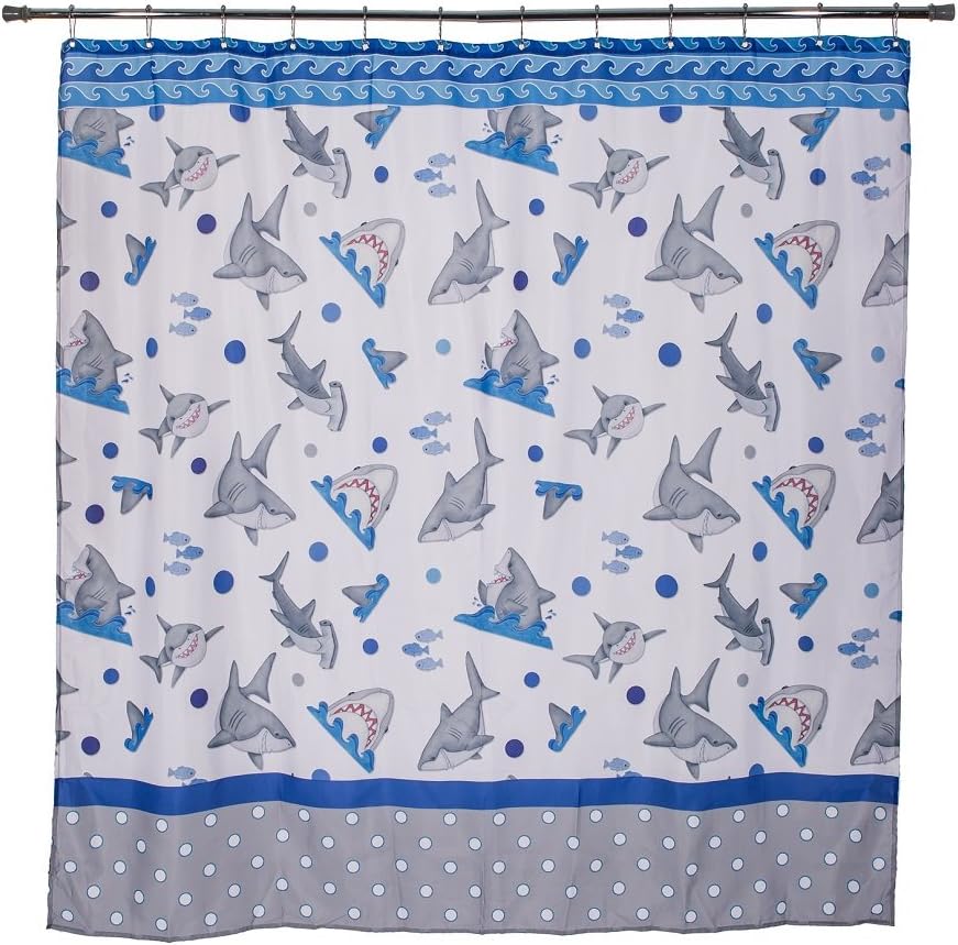 Polka Dot Printed Shower Curtain With Fish And Shark For A Unique And Whimsical Bathroom Design