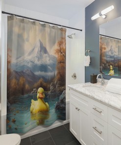 Pond Scene Shower Curtain Featuring Rubber Duck