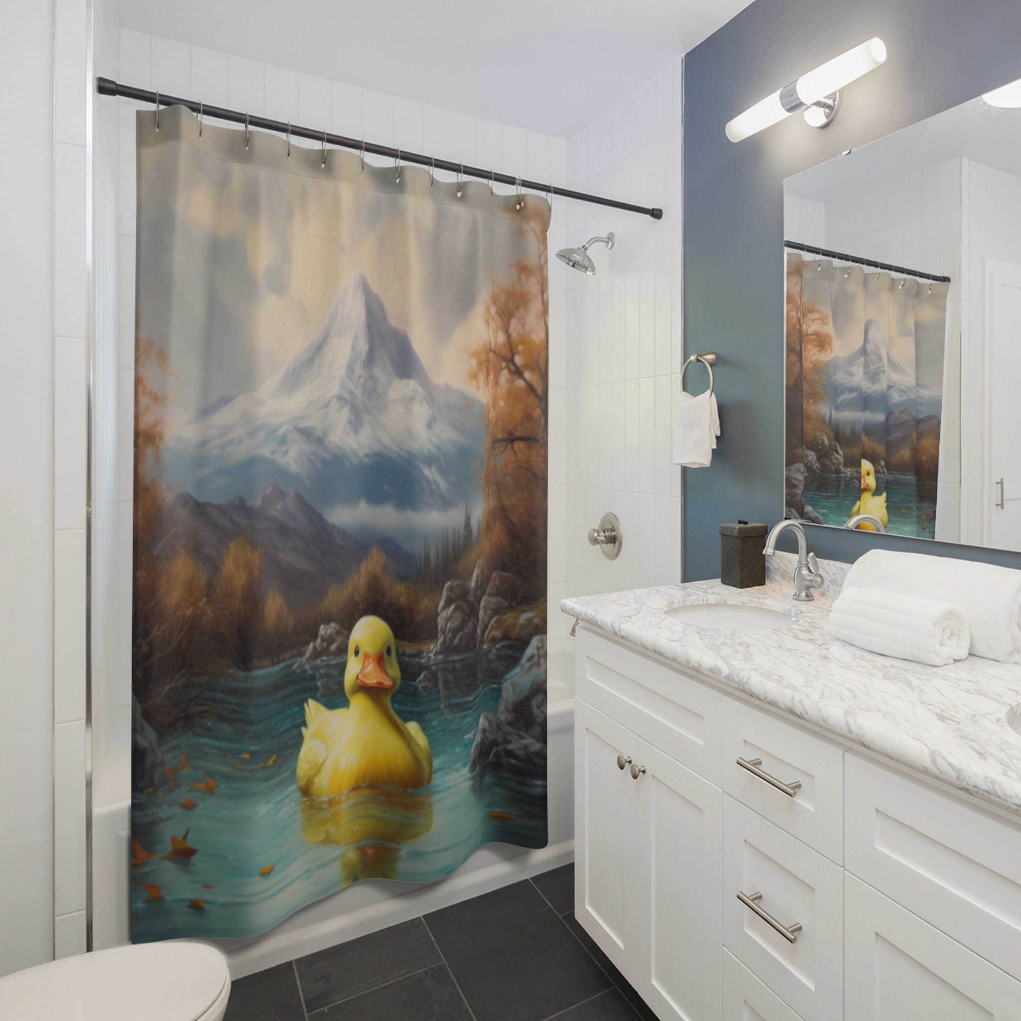 Pond Scene Shower Curtain Featuring Rubber Duck
