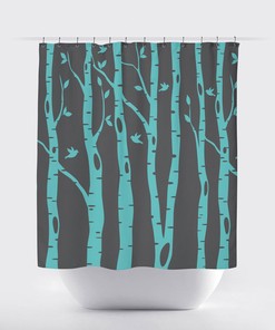Pool Colored Birch Tree Shower Curtain With Charcoal And Grey Birds Print, Home Decor