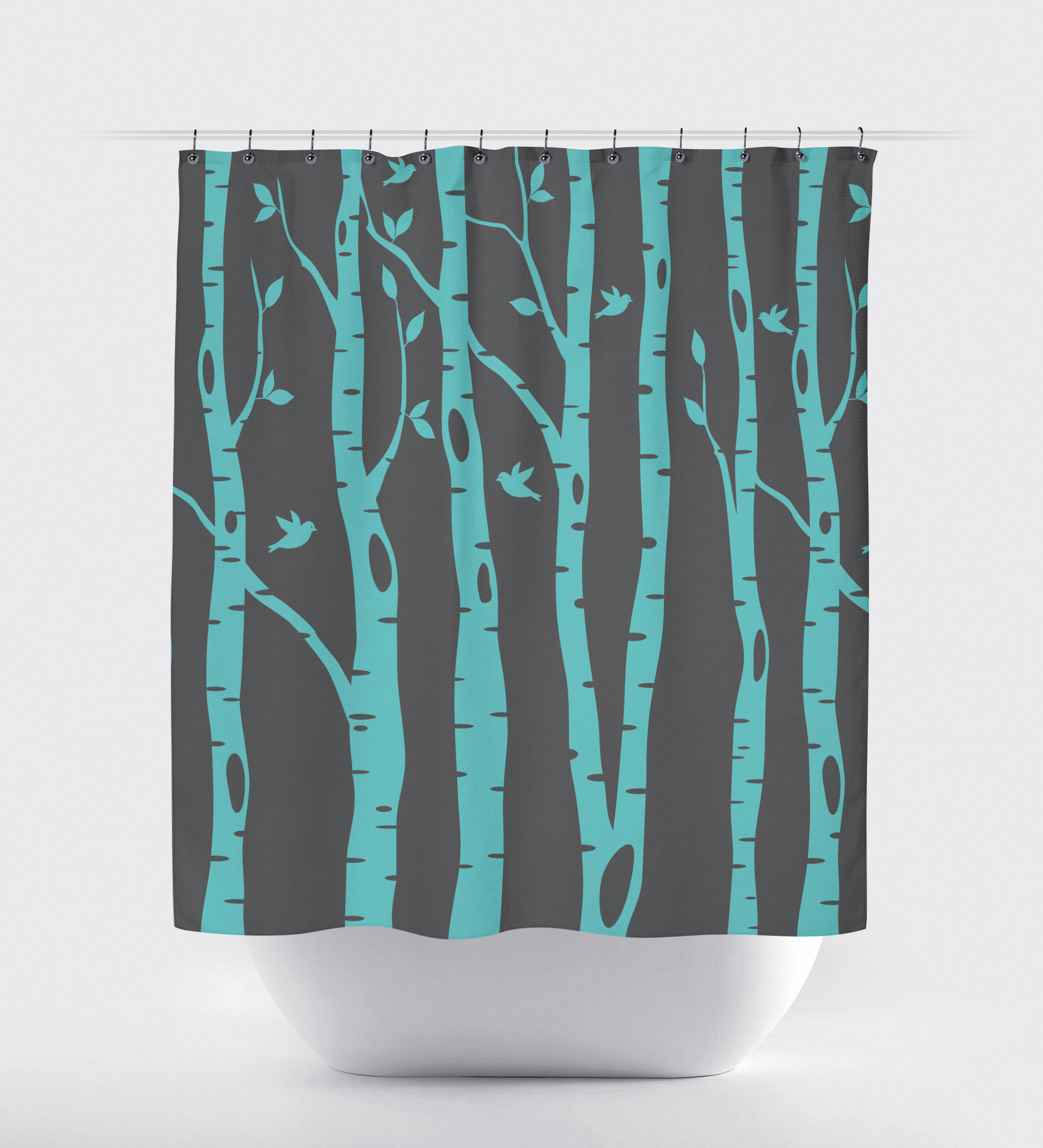 Pool Colored Birch Tree Shower Curtain With Charcoal And Grey Birds Print, Home Decor