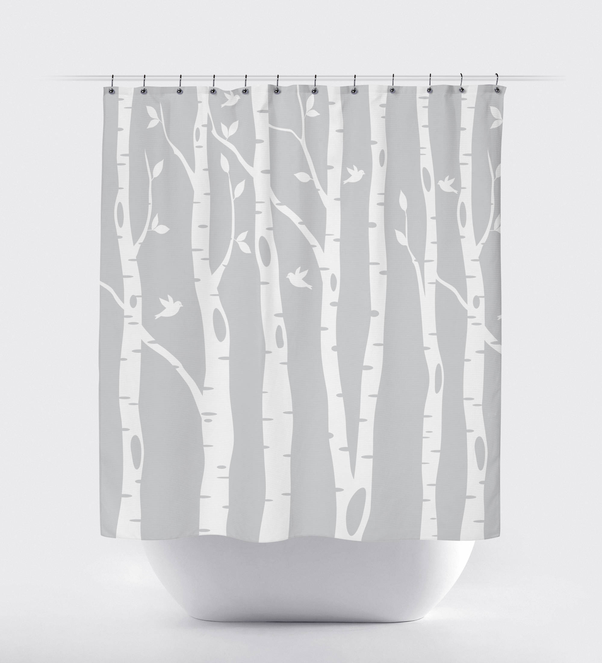 Pool Colored Birch Tree Shower Curtain With Charcoal And Grey Birds Print, Home Decor - Image 2