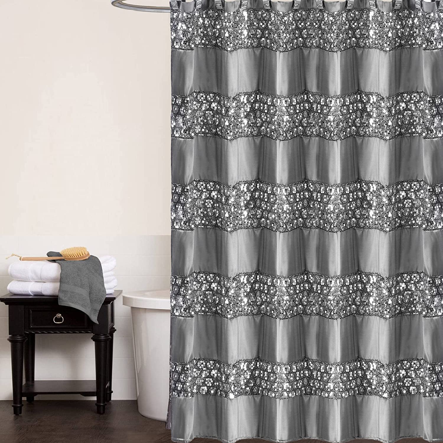 Popular Bath Modern Silver Glamorous Fabric Shower Curtain with Bling Design