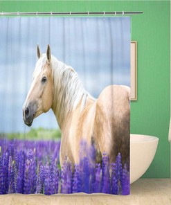 Portrait of Palomino Horse Shower Curtain with Animal Nature Design, Equestrian Bathroom Decor 