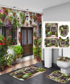 Potted Flowers At The Door Floral Shower Curtain Set 