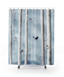 Powder Blue Shower Curtain with Bluebirds in Misty Forest from Hand-painted Artwork 