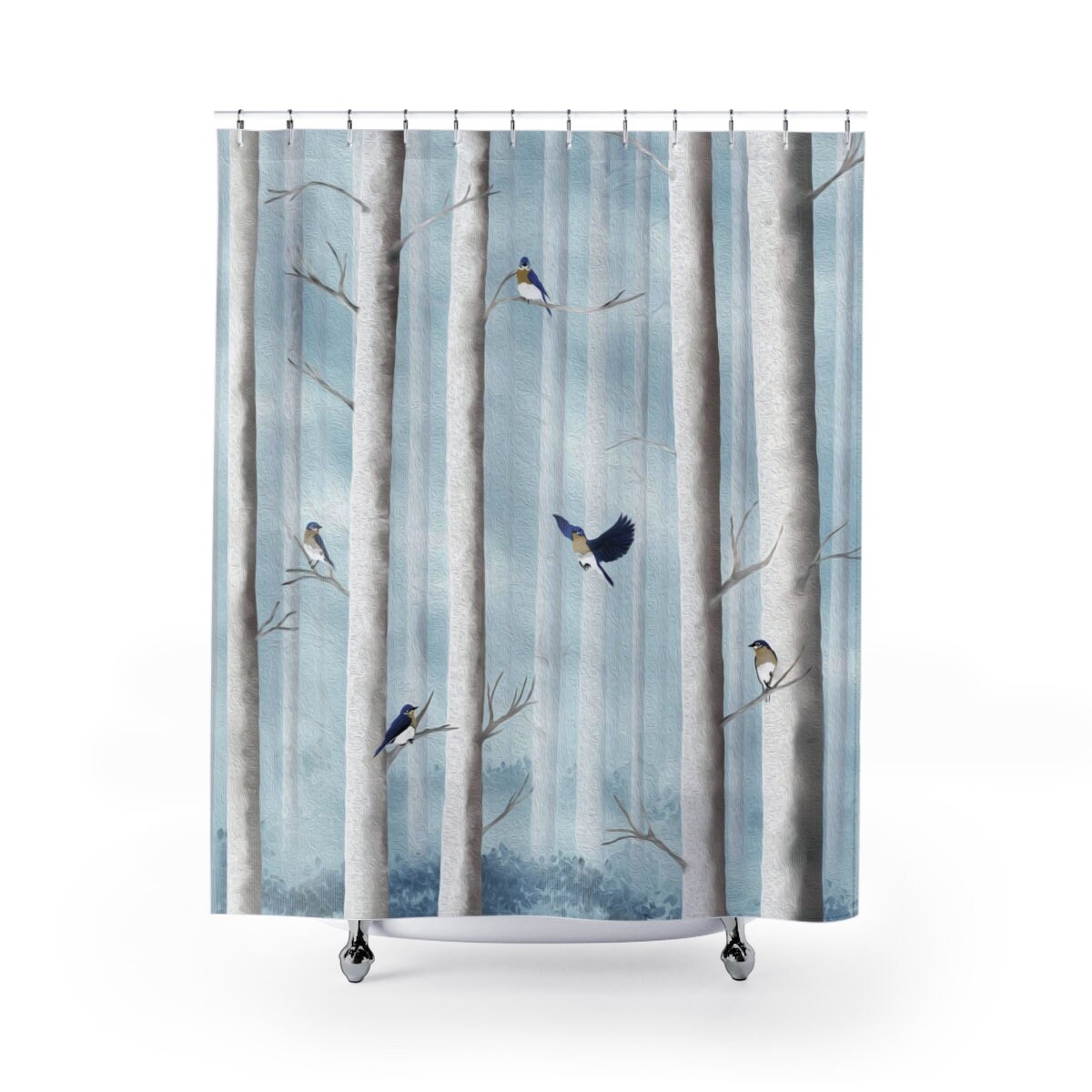 Powder Blue Shower Curtain with Bluebirds in Misty Forest from Hand-painted Artwork