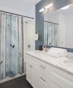Powder Blue Shower Curtain with Bluebirds in Misty Forest from Hand-painted Artwork