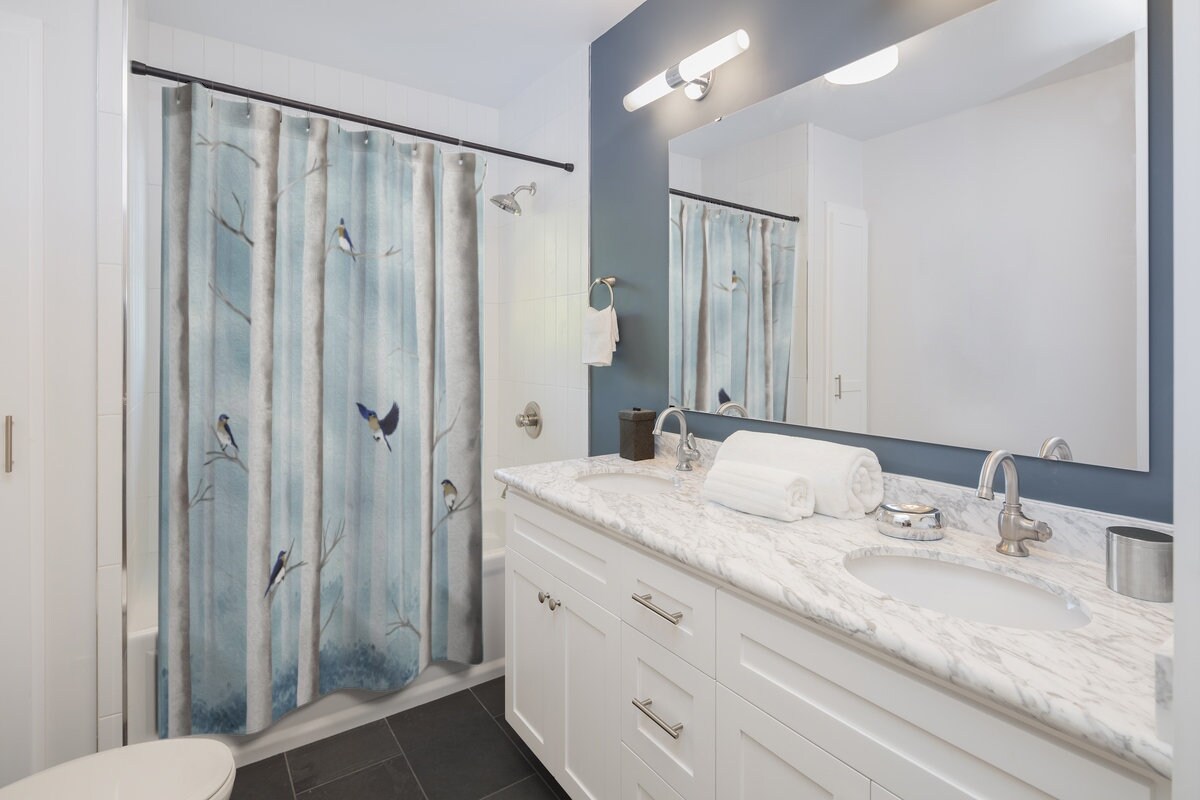 Powder Blue Shower Curtain with Bluebirds in Misty Forest from Hand-painted Artwork