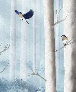 Powder Blue Shower Curtain with Bluebirds in Misty Forest from Hand-painted Artwork