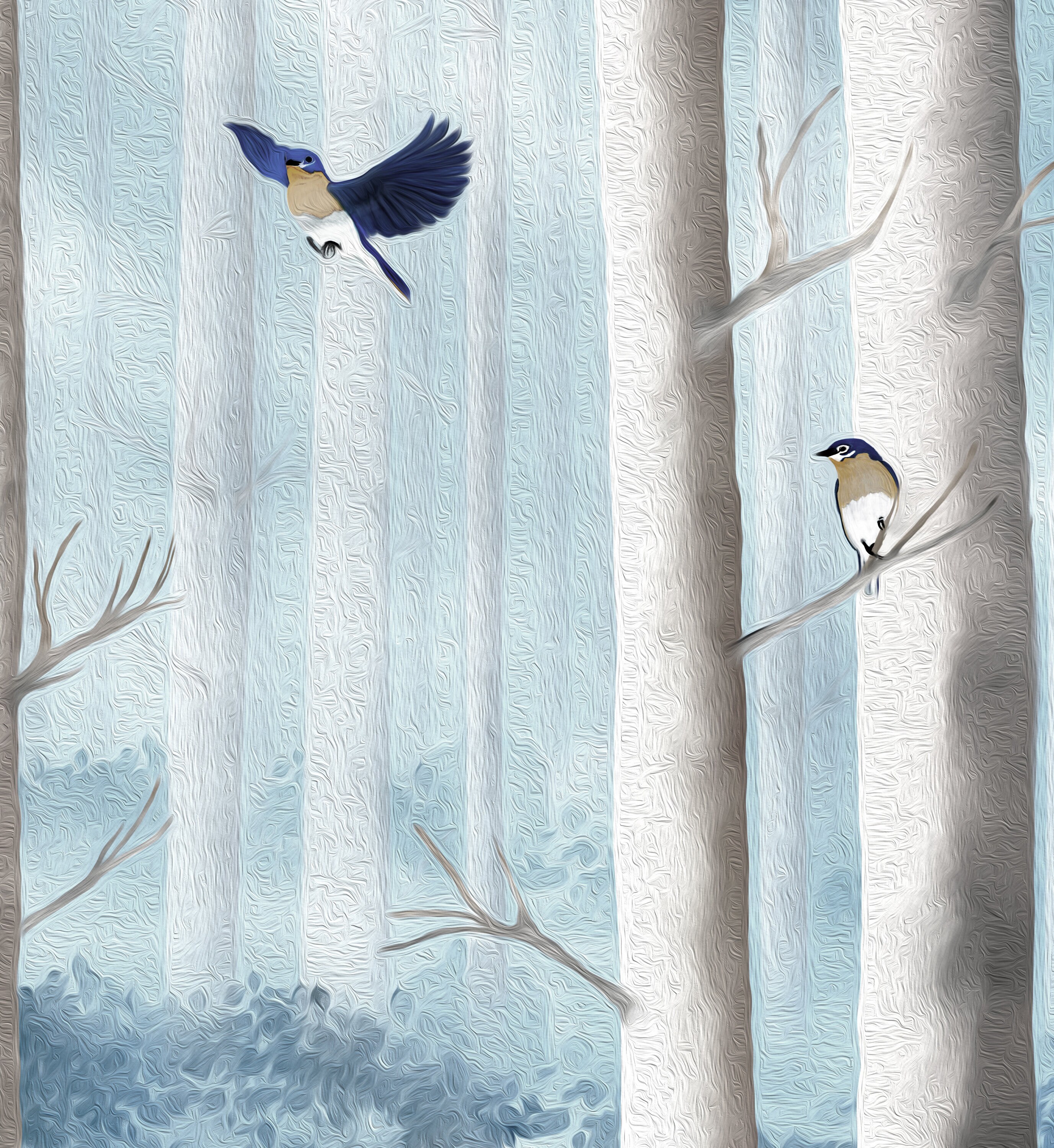 Powder Blue Shower Curtain with Bluebirds in Misty Forest from Hand-painted Artwork