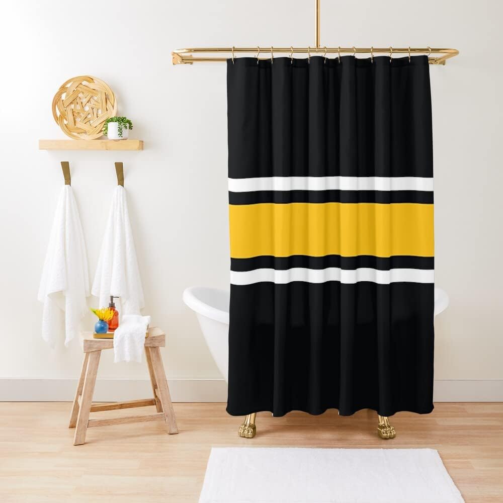Power Stripe Shower Curtain - Bold Black, White And Yellow Geometric Bathroom Decor - Image 2