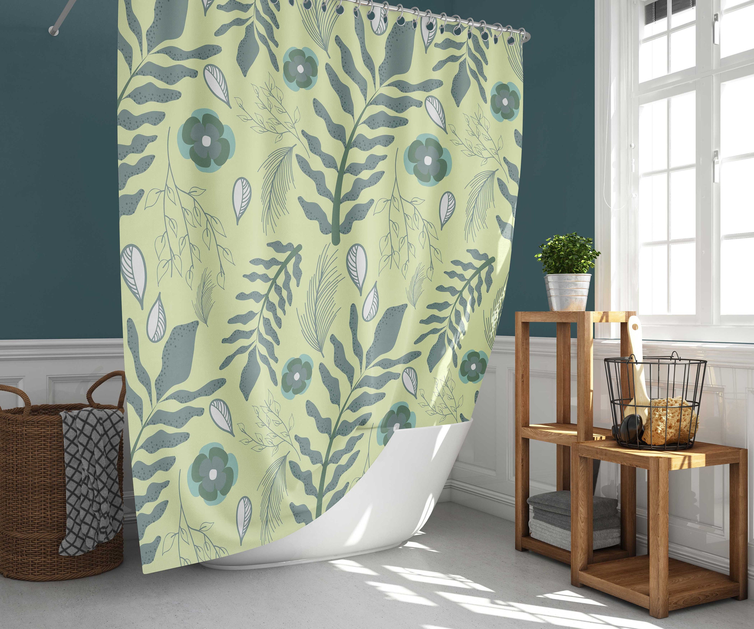Prairie Leaves Foliage Shower Curtain with Forest Green Plants for Home Bath Decor