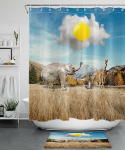 Prairie Mountain Wild Animals Shower Curtain with Funny Elephant Design 