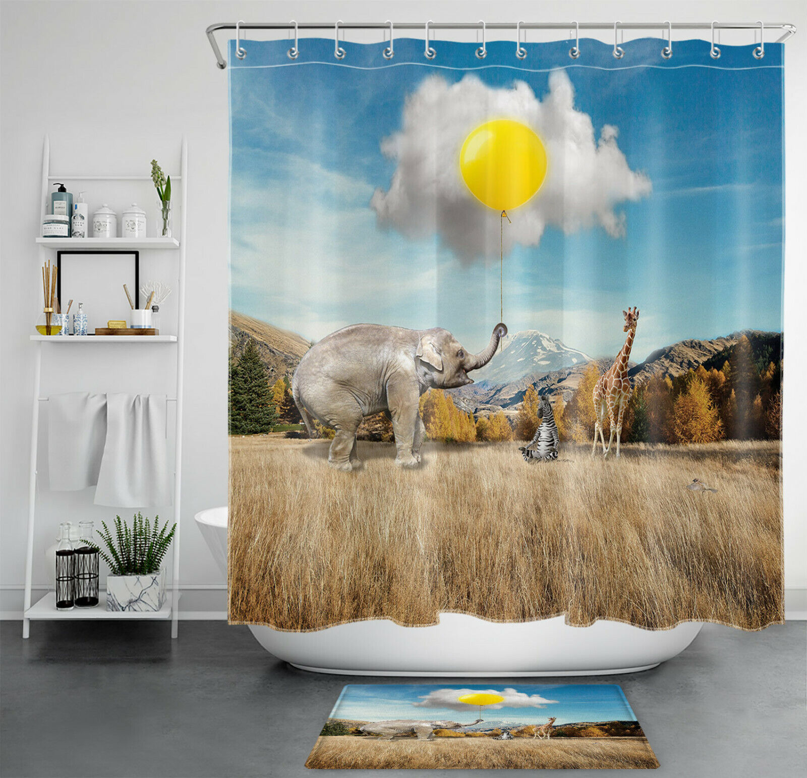 Prairie Mountain Wild Animals Shower Curtain with Funny Elephant Design