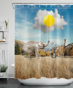 Prairie Mountain Wild Animals Shower Curtain with Funny Elephant Design