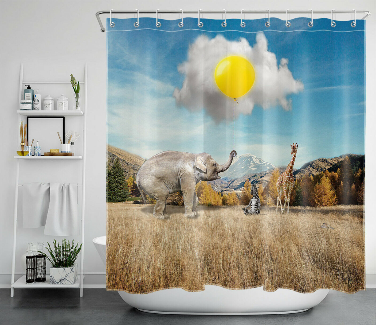 Prairie Mountain Wild Animals Shower Curtain with Funny Elephant Design