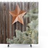 Prehistoric Country Shower Curtain with Big Orange Star and Rough Wood Fences 