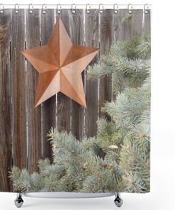 Prehistoric Country Shower Curtain with Big Orange Star and Rough Wood Fences