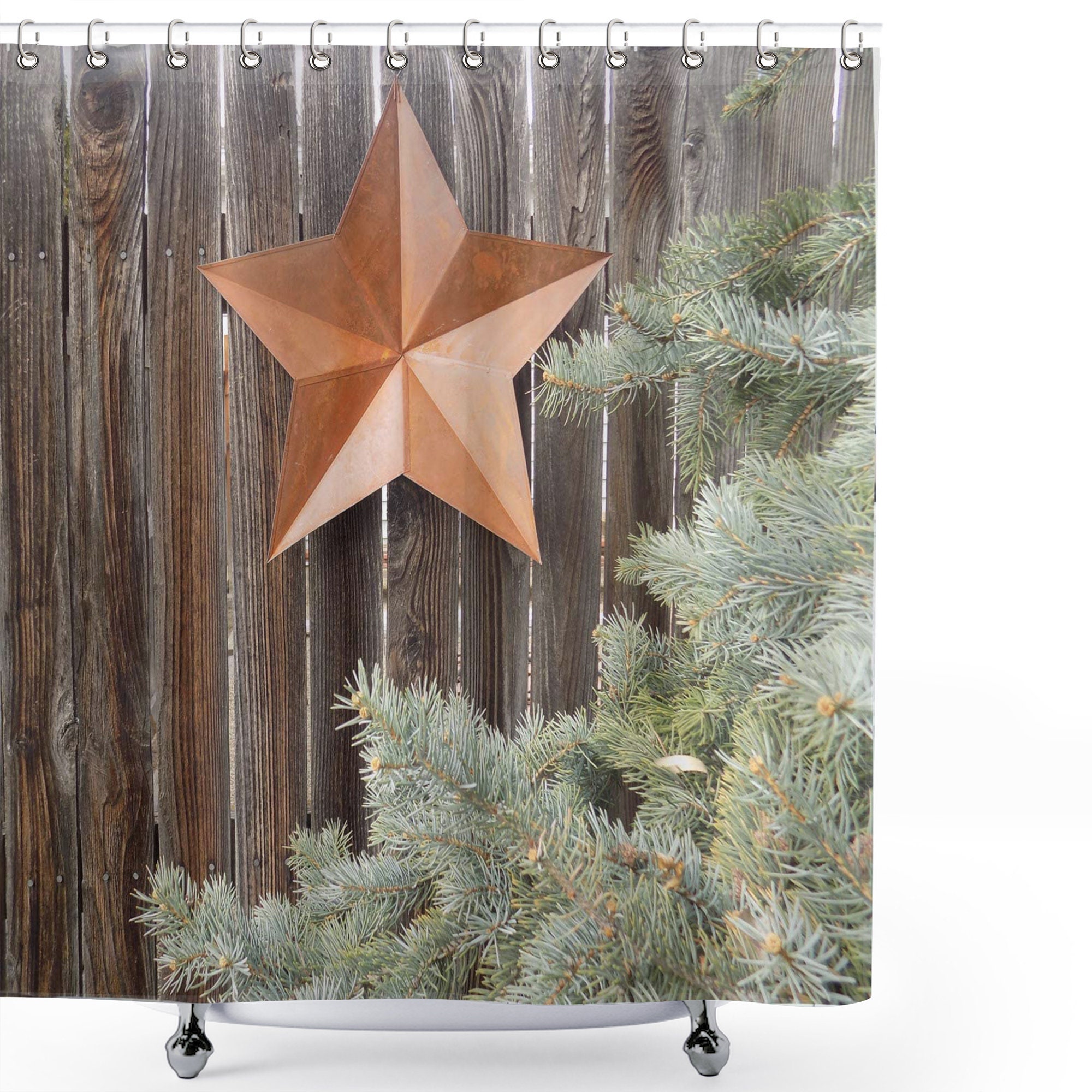 Prehistoric Country Shower Curtain with Big Orange Star and Rough Wood Fences