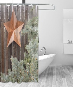 Prehistoric Country Shower Curtain with Big Orange Star and Rough Wood Fences