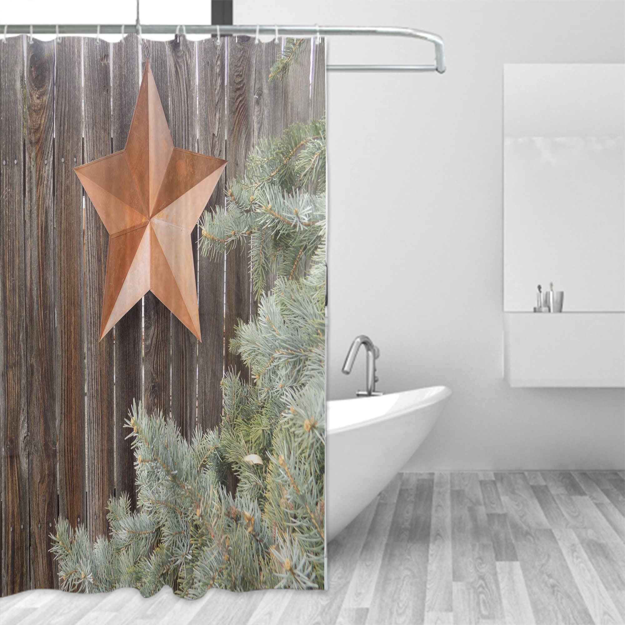 Prehistoric Country Shower Curtain with Big Orange Star and Rough Wood Fences