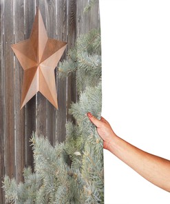 Prehistoric Country Shower Curtain with Big Orange Star and Rough Wood Fences
