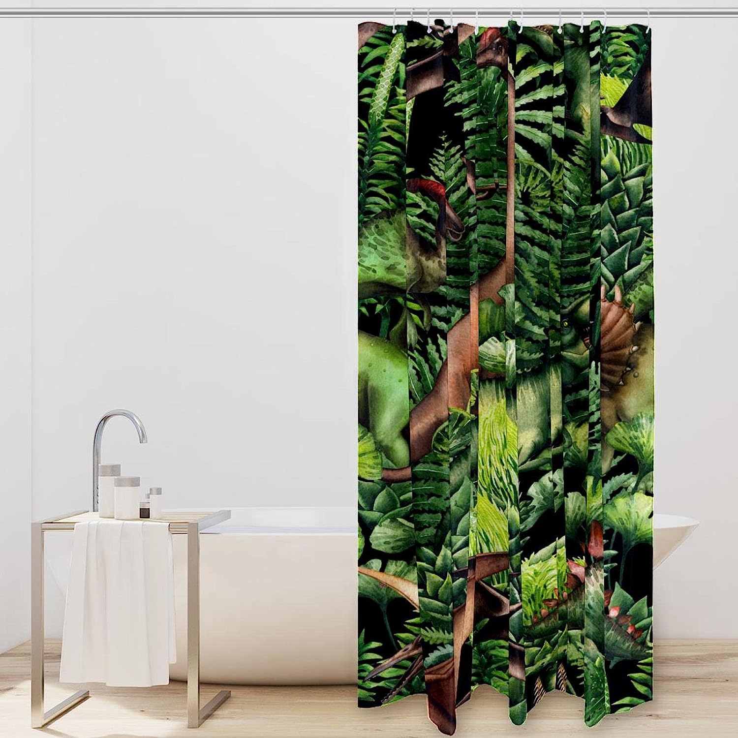 Prehistoric Green Jungle With Dinosaur World Shower Curtain, Waterproof Fabric Bathroom Decor With Nature Print