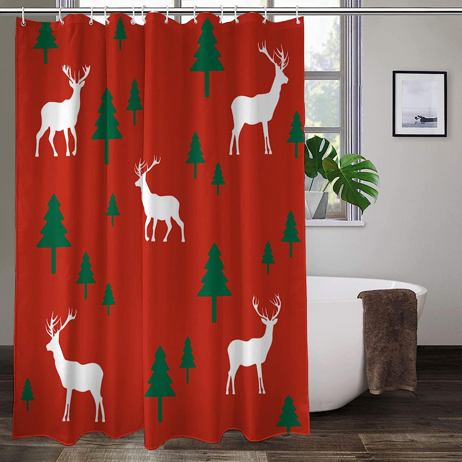 Premium Fabric Bath Curtains With Moose Printing Shower Curtain - Forest Moose Printing