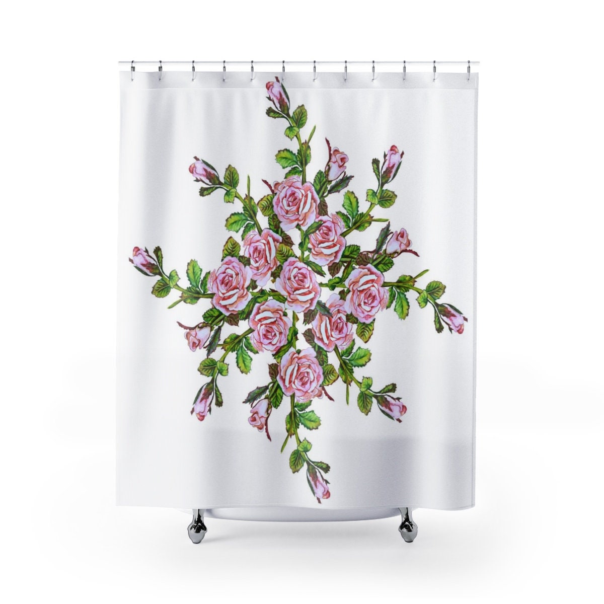 Premium Quality Pink and White Rose Shower Curtain, Floral Bathroom Accessories Set for Elegant Interior