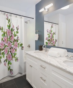 Premium Quality Pink and White Rose Shower Curtain, Floral Bathroom Accessories Set for Elegant Interior