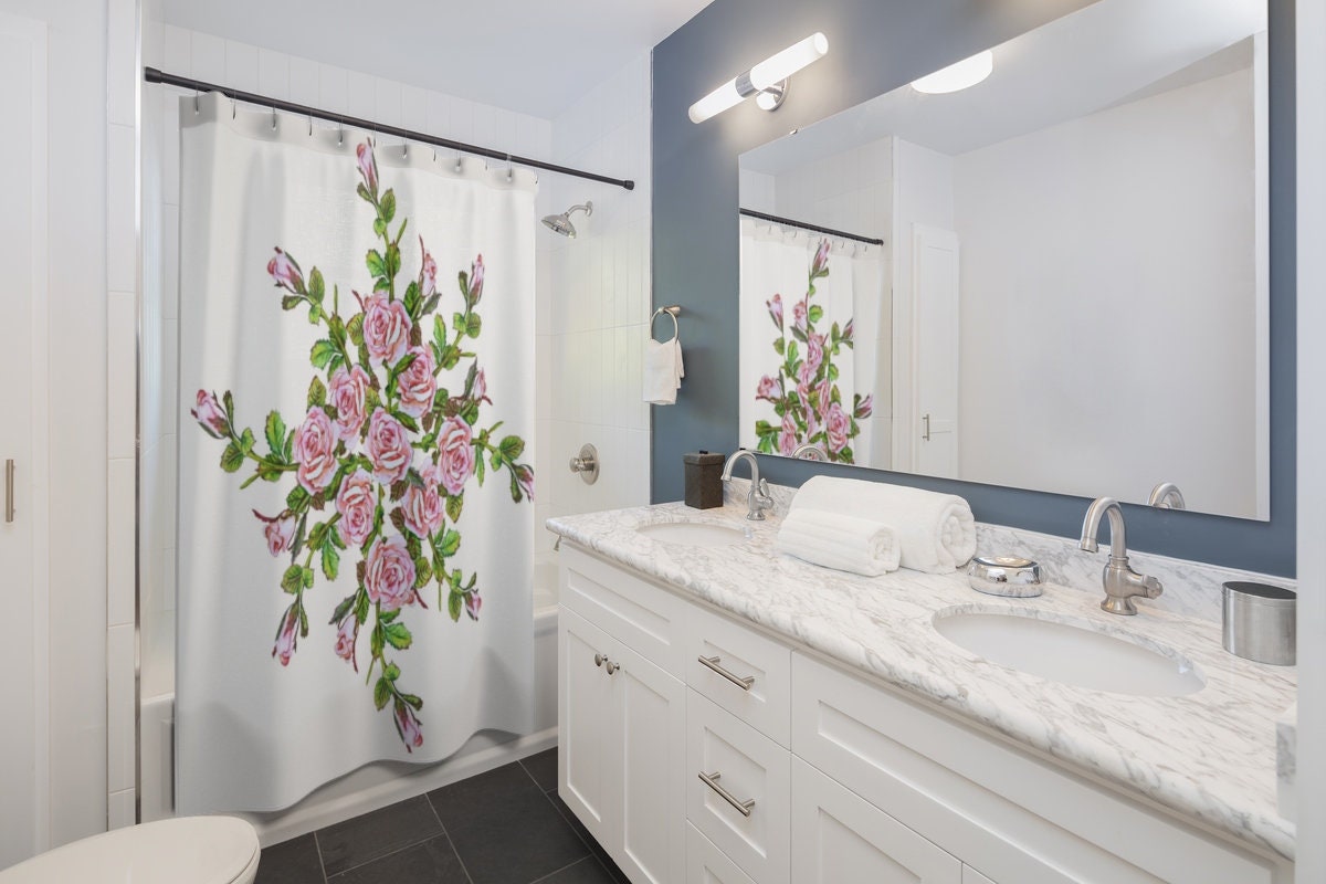 Premium Quality Pink and White Rose Shower Curtain, Floral Bathroom Accessories Set for Elegant Interior