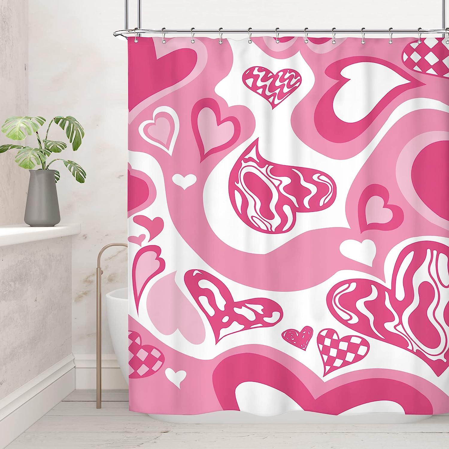 Preppy Modern Heart Shower Curtain with Pink Girls Print for Lovely Bathroom Decor by Riyidecor