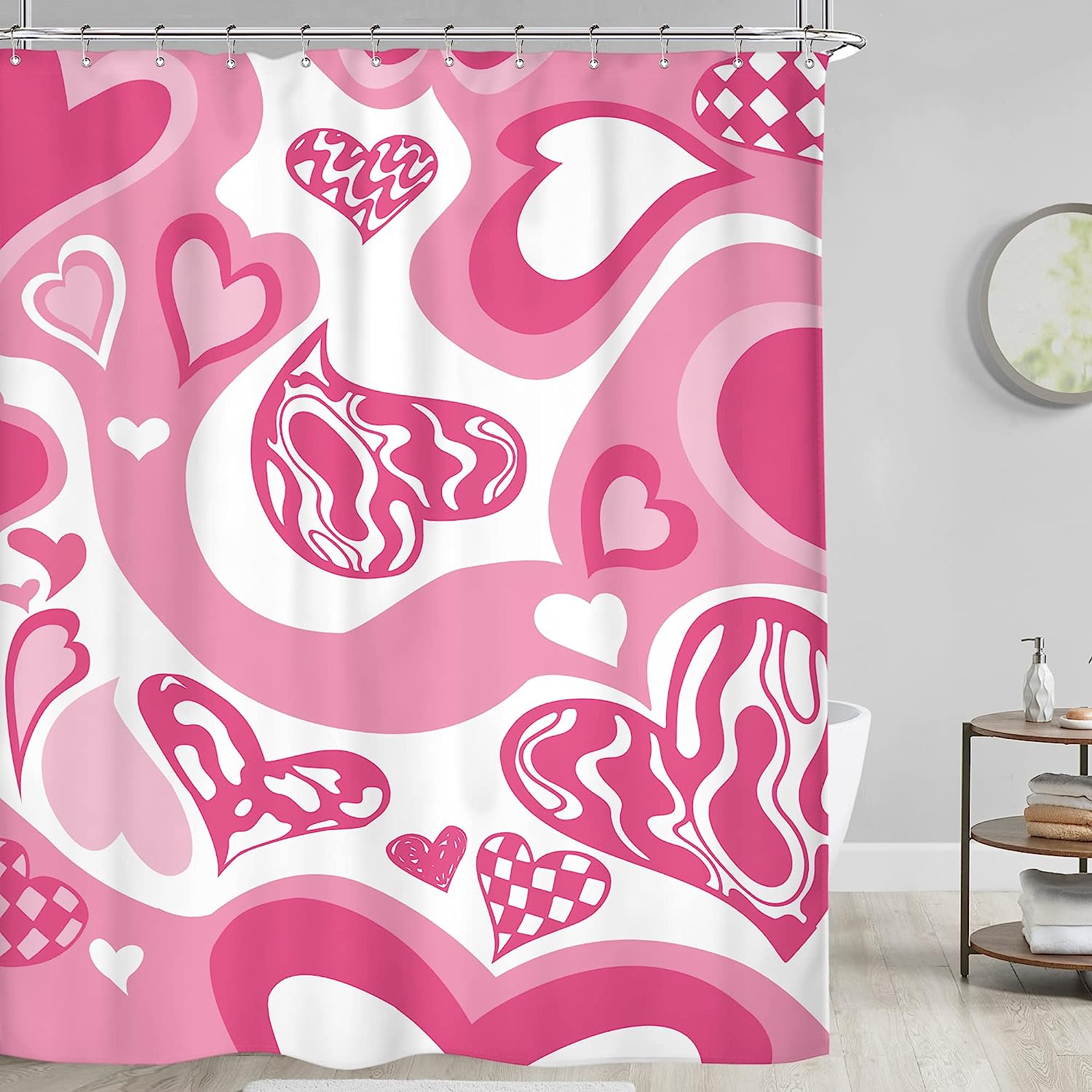 Preppy Modern Heart Shower Curtain with Pink Girls Print for Lovely Bathroom Decor by Riyidecor