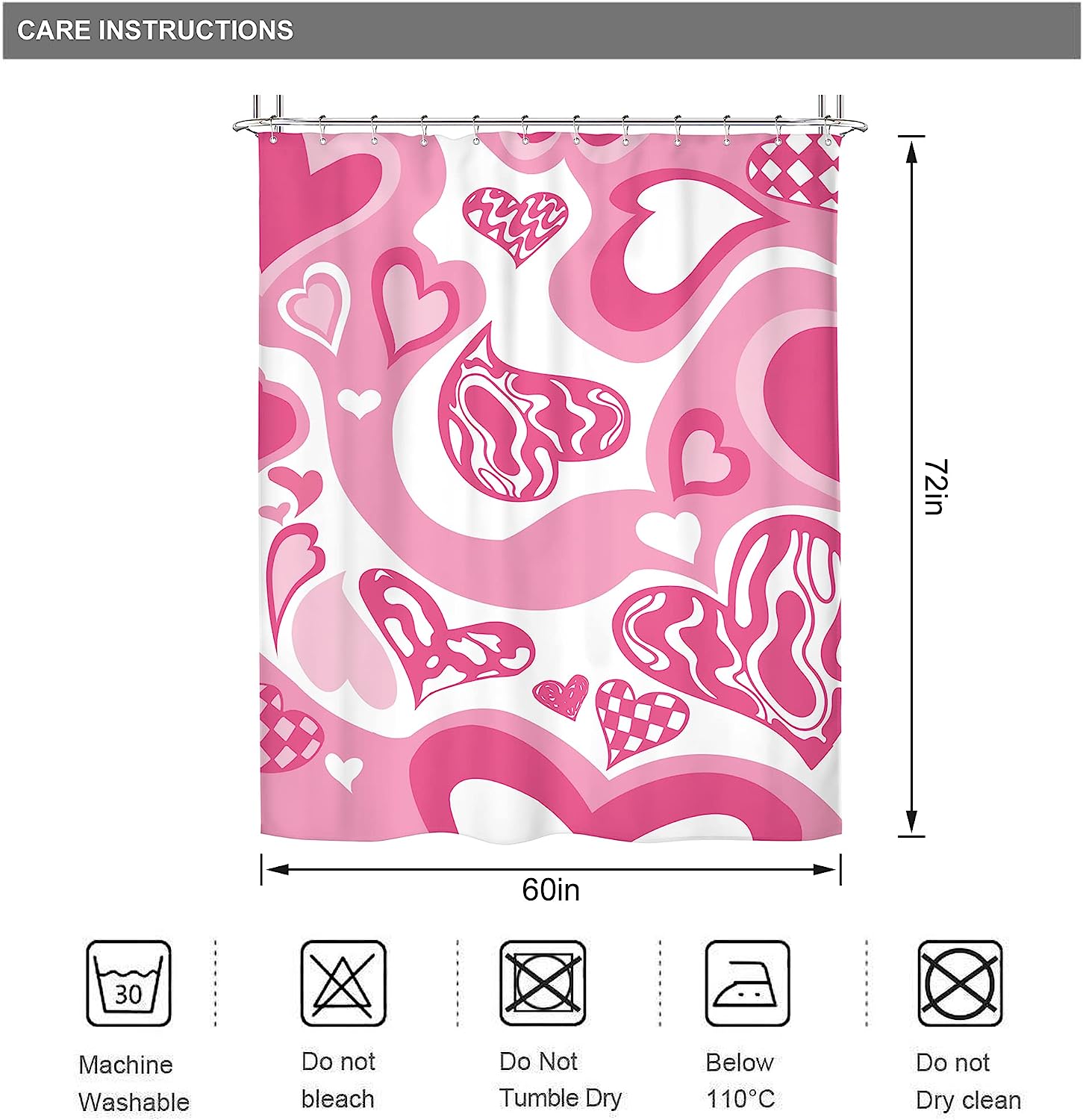 Preppy Modern Heart Shower Curtain with Pink Girls Print for Lovely Bathroom Decor by Riyidecor