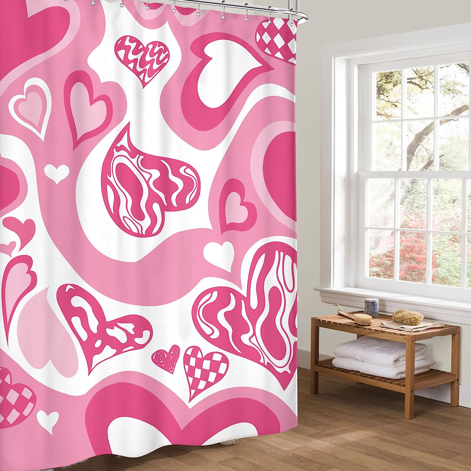 Preppy Modern Heart Shower Curtain with Pink Girls Print for Lovely Bathroom Decor by Riyidecor