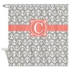 Preppy Nautical Shower Curtain with Anchors, Coral and Grey Monogram Initial Design 