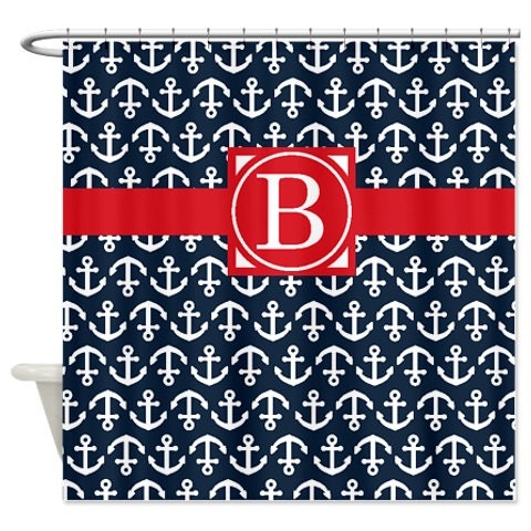 Preppy Nautical Shower Curtain with Anchors, Coral and Grey Monogram Initial Design