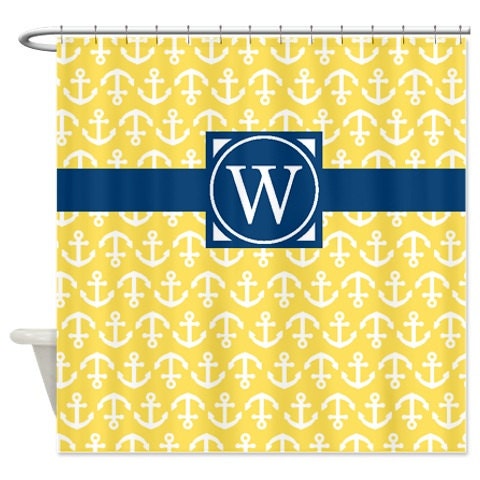 Preppy Nautical Shower Curtain with Anchors, Coral and Grey Monogram Initial Design