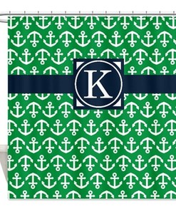 Preppy Nautical Shower Curtain with Anchors, Coral and Grey Monogram Initial Design