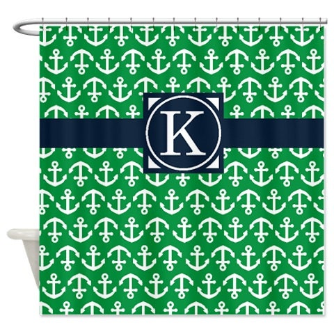 Preppy Nautical Shower Curtain with Anchors, Navy and Green Monogram Initial Design