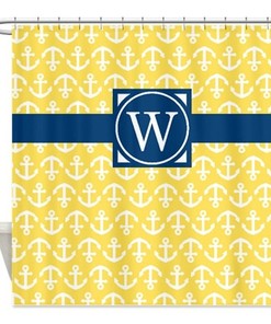 Preppy Nautical Shower Curtain with Anchors, Navy and Green Monogram Initial Design