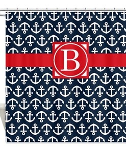 Preppy Nautical Shower Curtain with Anchors, Navy and Green Monogram Initial Design