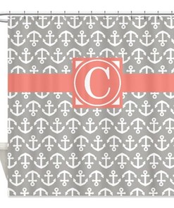 Preppy Nautical Shower Curtain with Anchors, Navy and Green Monogram Initial Design