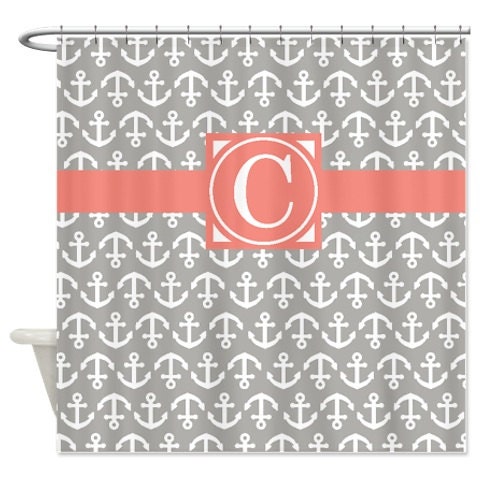 Preppy Nautical Shower Curtain with Anchors, Navy and Green Monogram Initial Design
